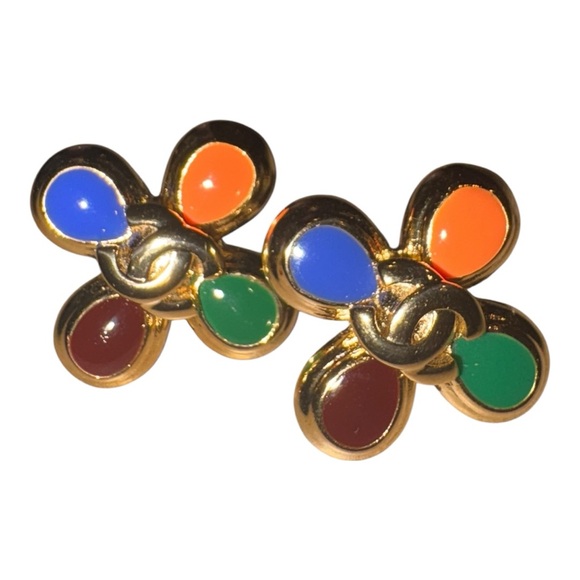 CHANEL Jewelry - Chanel Vintage CC Clover Earrings Multicolor Cabochon Gold France J42